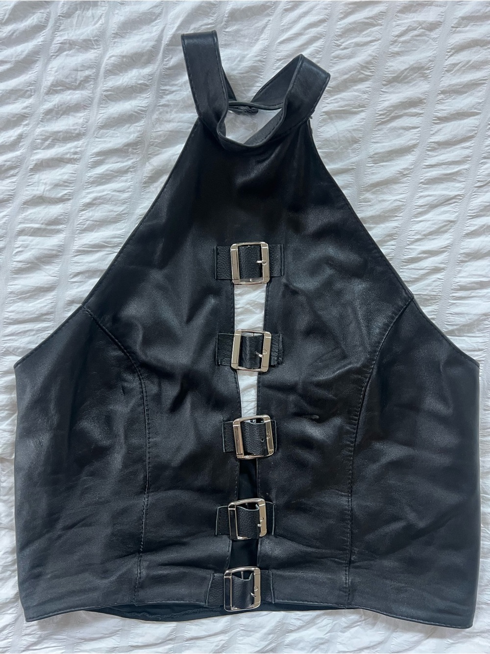 Black Faux Leather Halter Buckle Crop Top